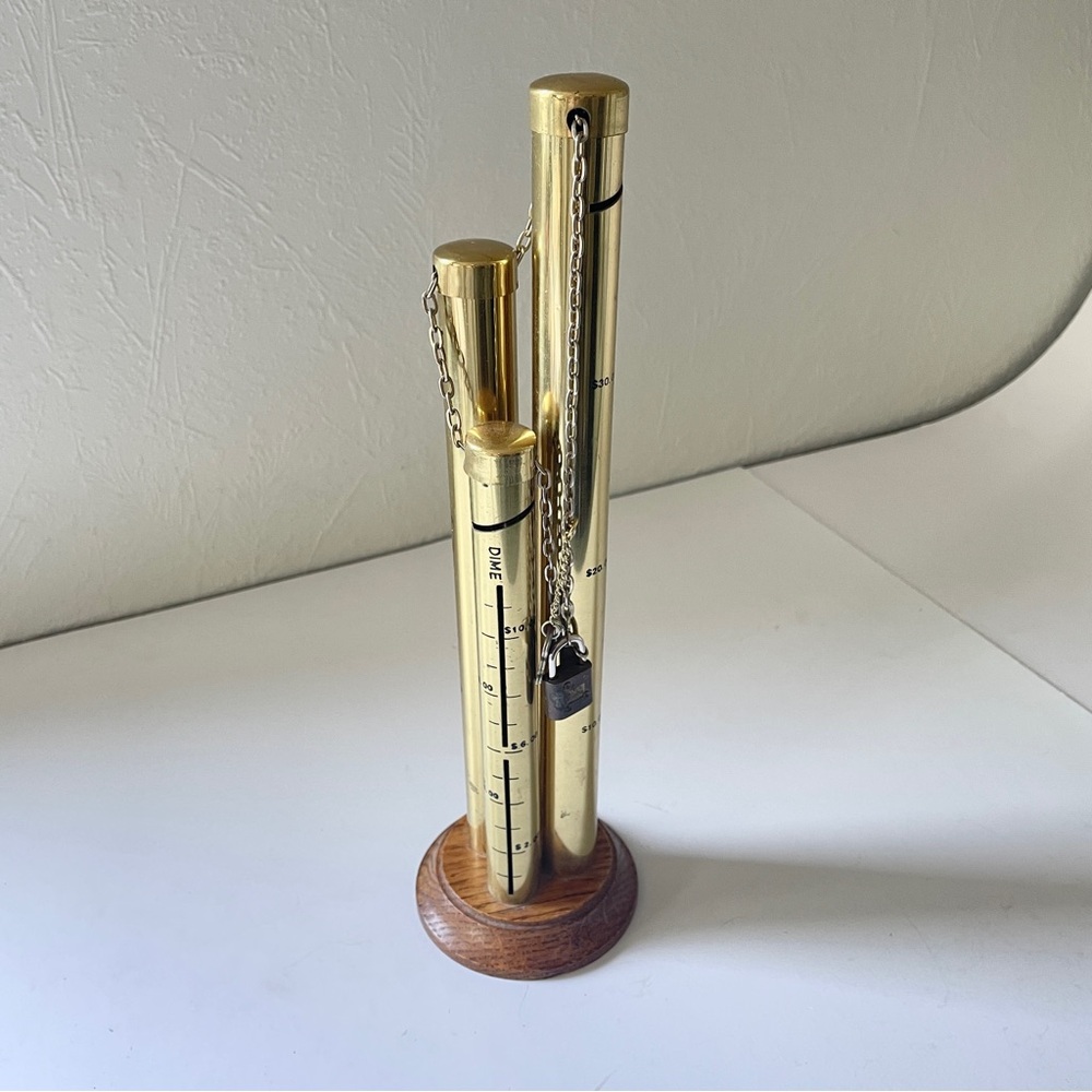 Vintage Brass Still Bank Triple Tube Coin Sorter Chain Padlock Retro 70s 80s